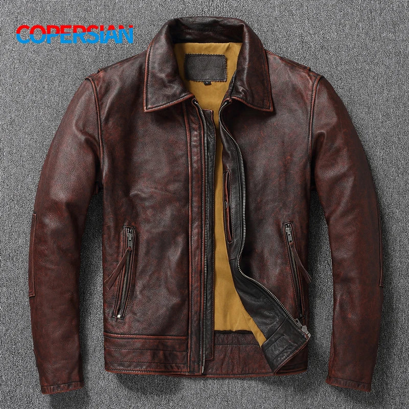 

Free shipping! Top layer Cow Oversized Leather Jacket Red-Brown American retro Motorcycle Style Color Distressed High Sense Coat