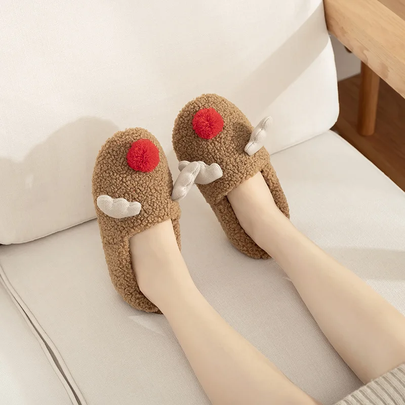 Winter New Christmas Elk Bag Heel Home Female Slippers Lamb Fleece Rubber Sole Non-Slip Cotton Women Shoes