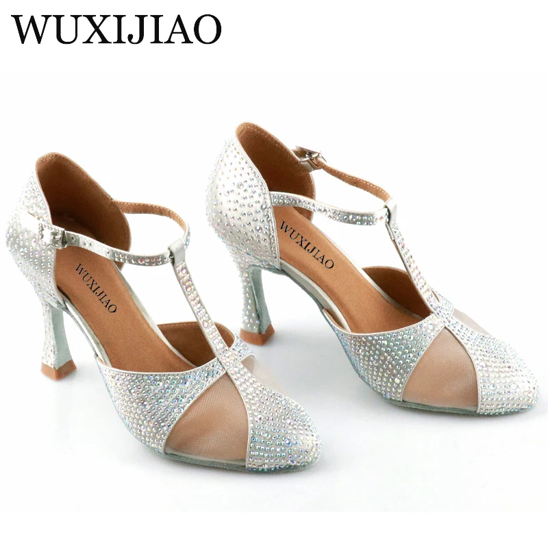 WUXIJIAO-zapatos de baile latino con diamantes de imitación, calzado de satén de seda plateada, zapatos de boda, diseño de diamantes de imitación