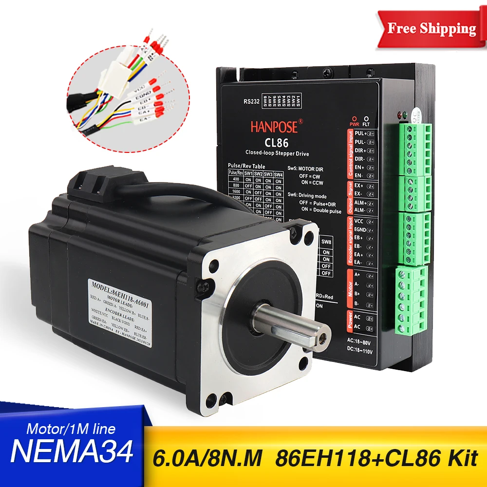 

Шаговый двигатель NEMA34 86EH118A6001, гибридный Серводвигатель 86EH118A6001, 6,0 А, 8 Н. М, с замкнутым контуром, в замкнутом контуре и CL86 Drive Ki