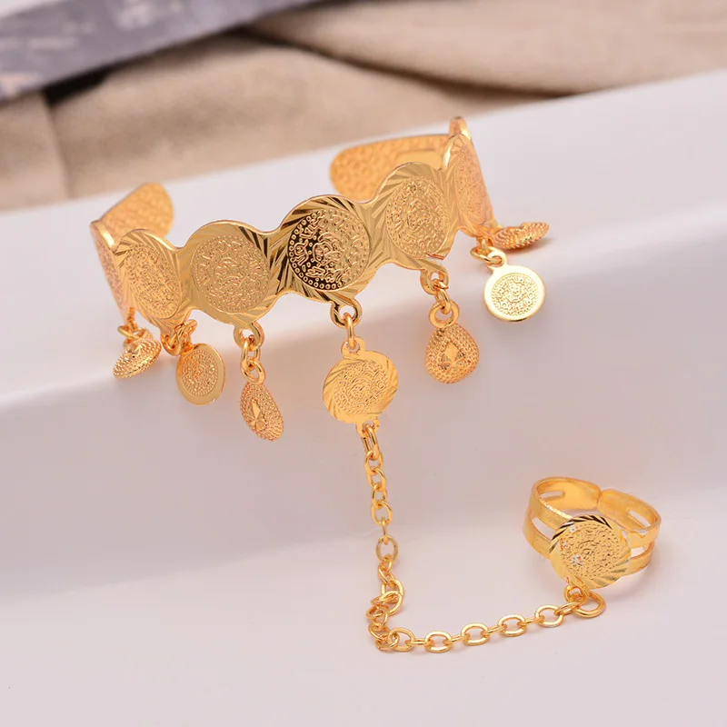 New Coin Gold Color  Bangles Baby/Child with Ring Middle Eastern Jewelry Muslim Islamic Bracelets Wholesale Coins Money Sign