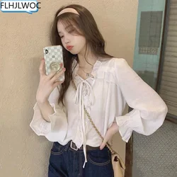 Women's Ruffles Cute Bow Tie Tops Preppy Style Vintage Japanese Korea Design Button Elegant Formal White Pink Shirts Blouses