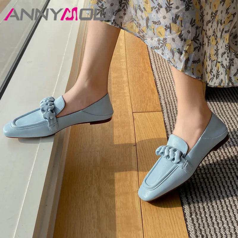 ANNYMOLI Flat Shoes Women Genuine Leather Loafers Shoes Sheepskin Square Toe Flats Pleated Slip On Female Footwear Pink Size 40