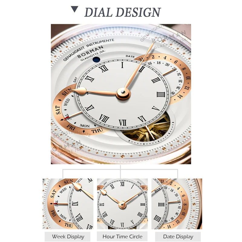 BORMAN Luxury Shanghai Automatic Mechanical Movement Mens Watch Stainless Steel Strap Open Work Self Winding Skeleton Watches