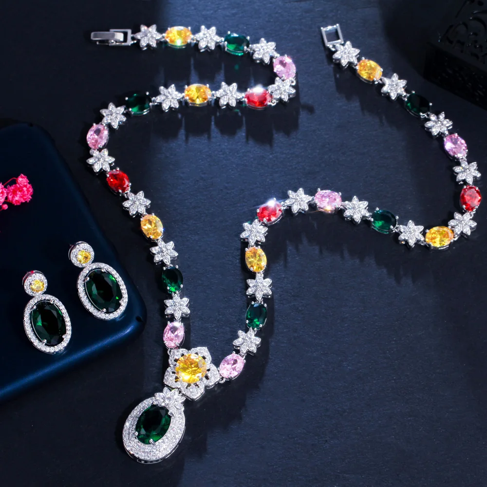 CWWZircons Elegant Engagement Wedding Jewellery Shiny Colorful Flower CZ Bridal Jewelry Set for Women Necklace and Earrings T570