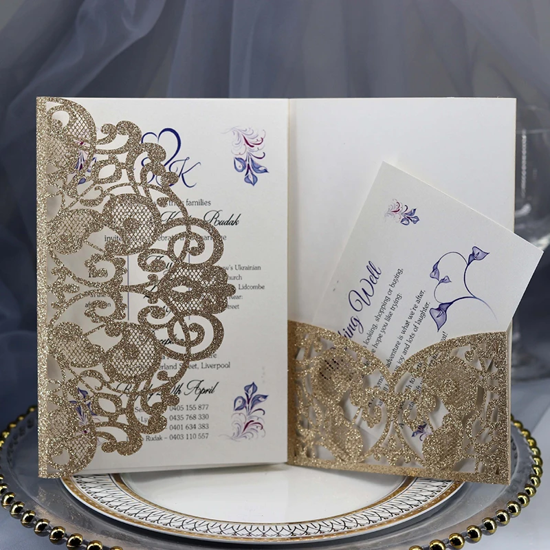 

50pcs Elegant Glitter Paper Laser Cut Wedding Invitation Card Greeting Card Customize Business With RSVP Cards Party Decoration