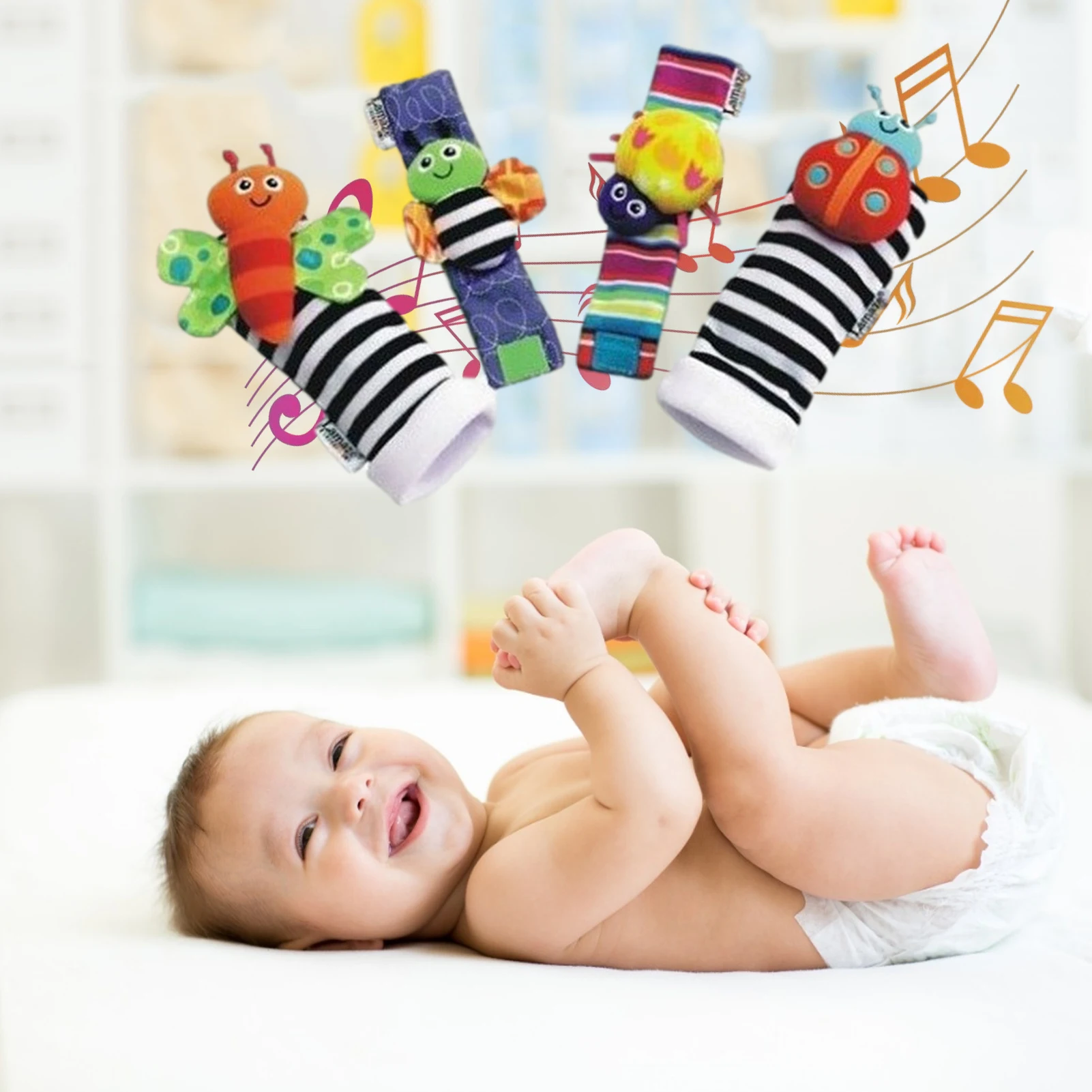 4Pcs Cartoon Baby Toys 0-12 Months Baby Rattles Children Infant Newborn Toys Soft Plush Sock Baby Rattle Toy Wrist Toddler Toys