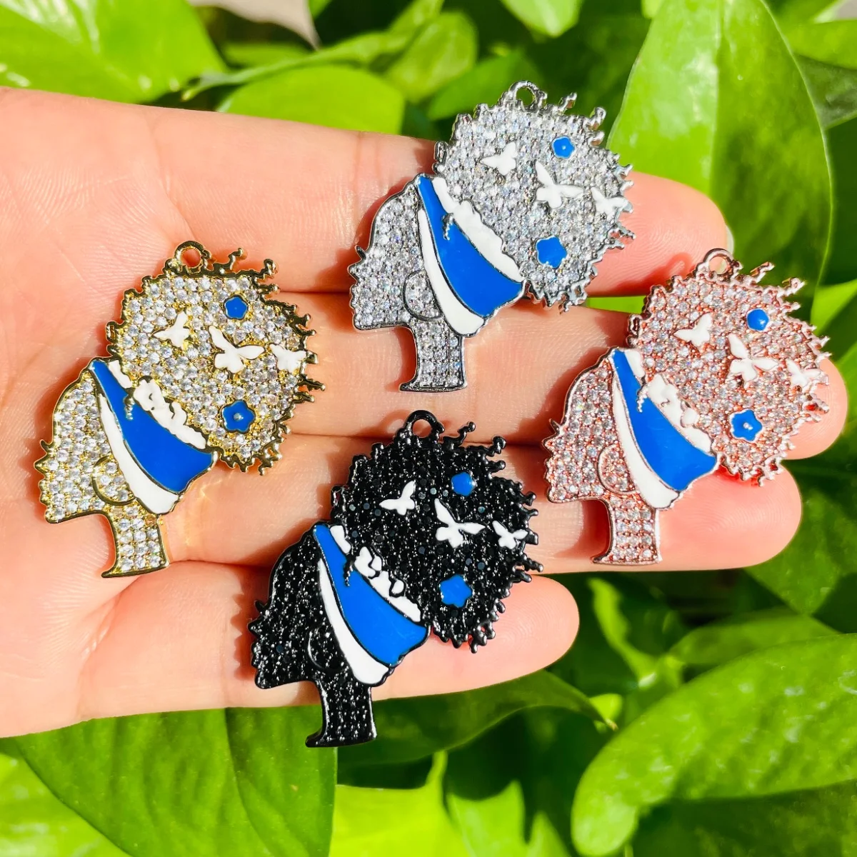 

5pcs Blue White ΖΦΒ Themed Charms Black Girl Sorority Queen Pendant for Women Bracelet Girl Necklace Making Gold-Plated Jewelry