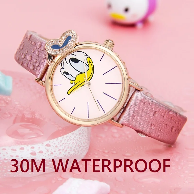 Disney Official Donald Duck Cartoon Lady Woman Fashion Casual Quartz Wristwatch Dazzeling Bling Rhinstone Cute Clock Waterproof