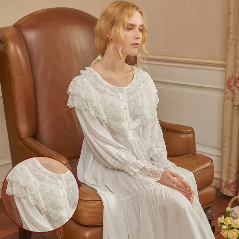 Victorian White Night Dress Women Long Sleeve Romantic Vintage Nightgown Retro Princess Sleepwear Large Size Loose Peignoir Robe