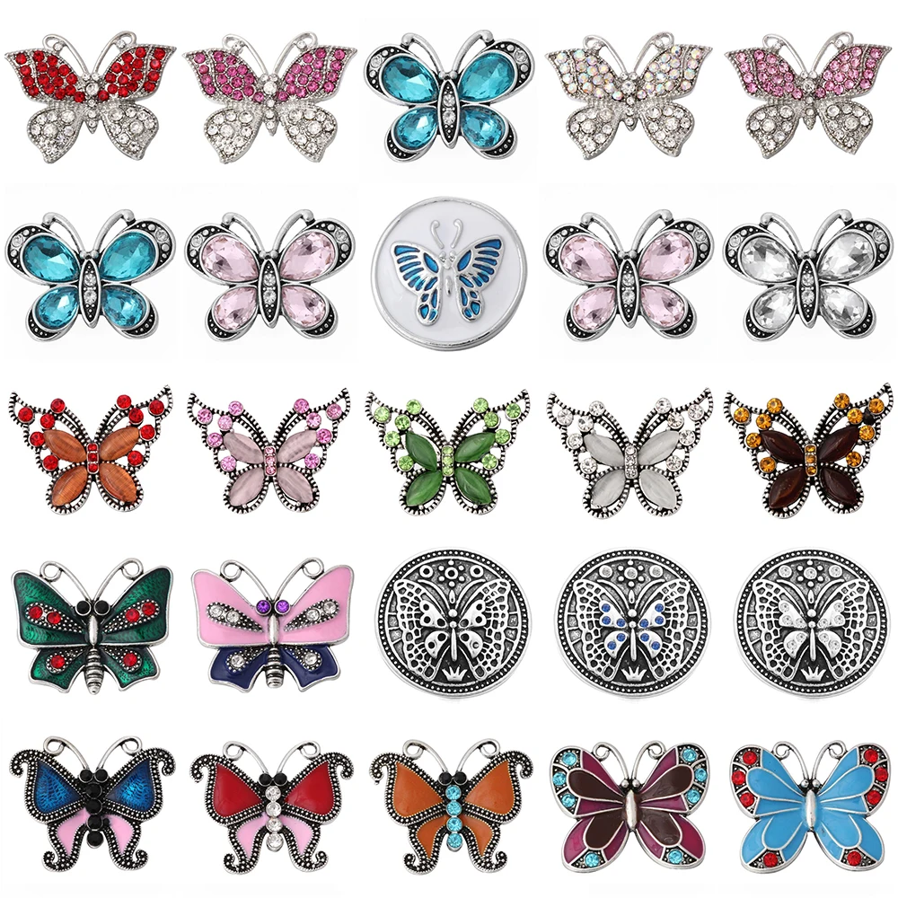 6pcs/lot 18mm Crystal Butterfly Metal Snap Button Jewelry Fit DIY Bracelet Bangles ZA1313