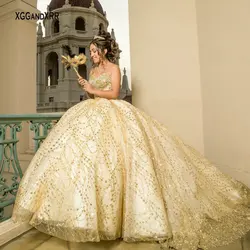 Customized Gold Ball Gown Quinceanera Dresses 2026 Sparkling Sequin Vestido De 15 Años Quinceañeras Sweet 16 Quince Party Dress