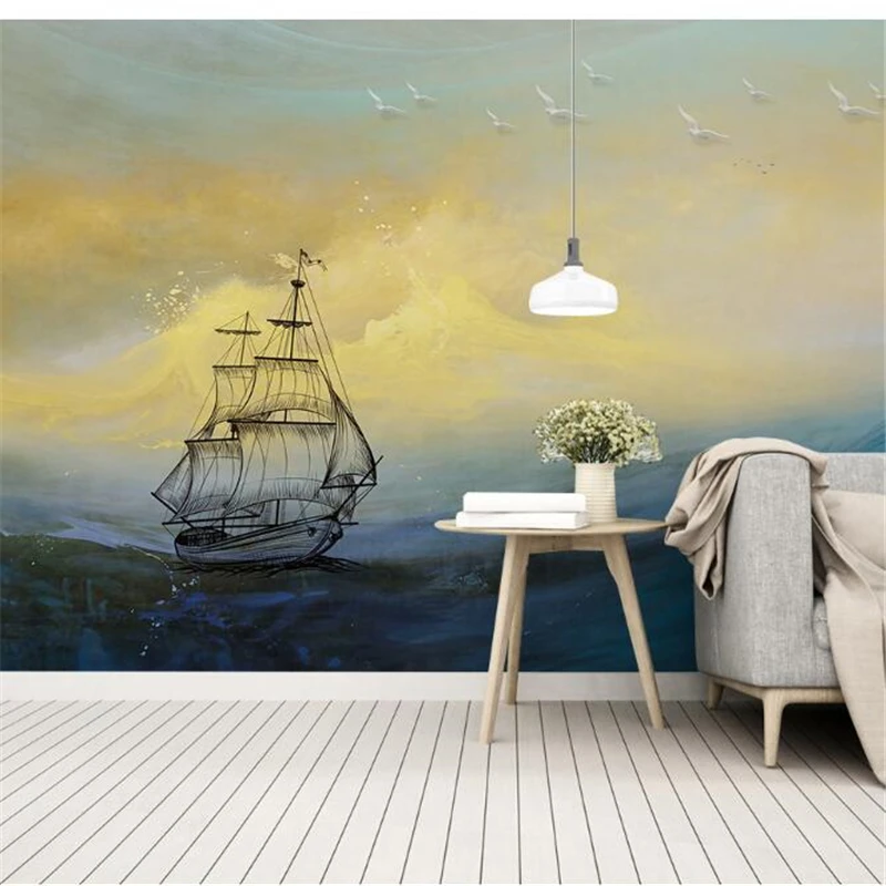 mural  papel de parede 3d  Custom wallpaper  Scandinavian retro wind and waves breaking the ocean sailing oil painting wall