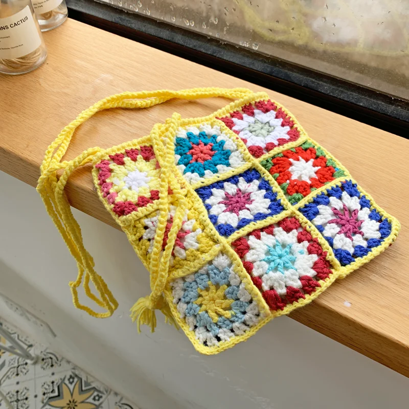 Lady Knitting Gypsy Bohemian Boho Chic Aztec Tote Bag Women Crochet Woolen Open Shopper Top-handle Bag 2021 Female Daily Handbag