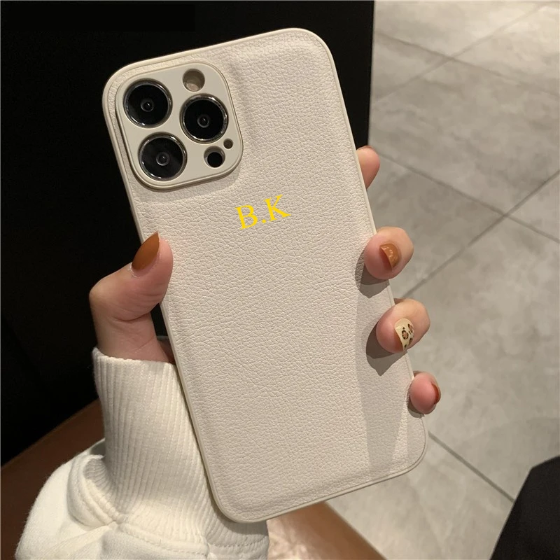 Korea Personalise Name Letters Leather PU Soft Phone Case For iPhone 15 14 13 12 11 Pro X XS Max XR 7 8 Plus Luxury Plain Cover