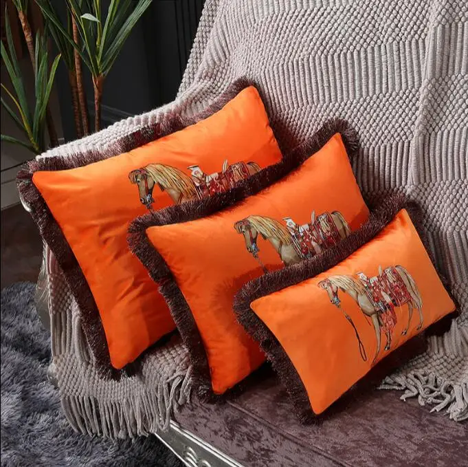 Orange European American Luxury Printed Cushion Cover Horse Pattern Velvet Pillowcase Lumbar Pillow Cover Tassel Edge Throw