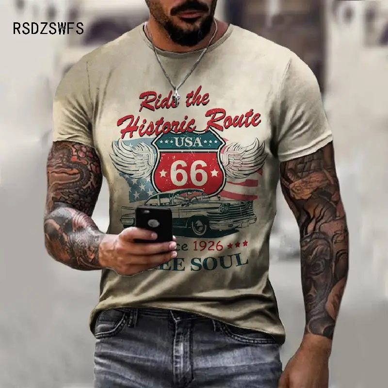 Fashion 66 Letters Printed Mens T Shirt Casual Vintage Short Sleeve Handsome Man Sports Tees Trendy Street Style Unisex T Shirts