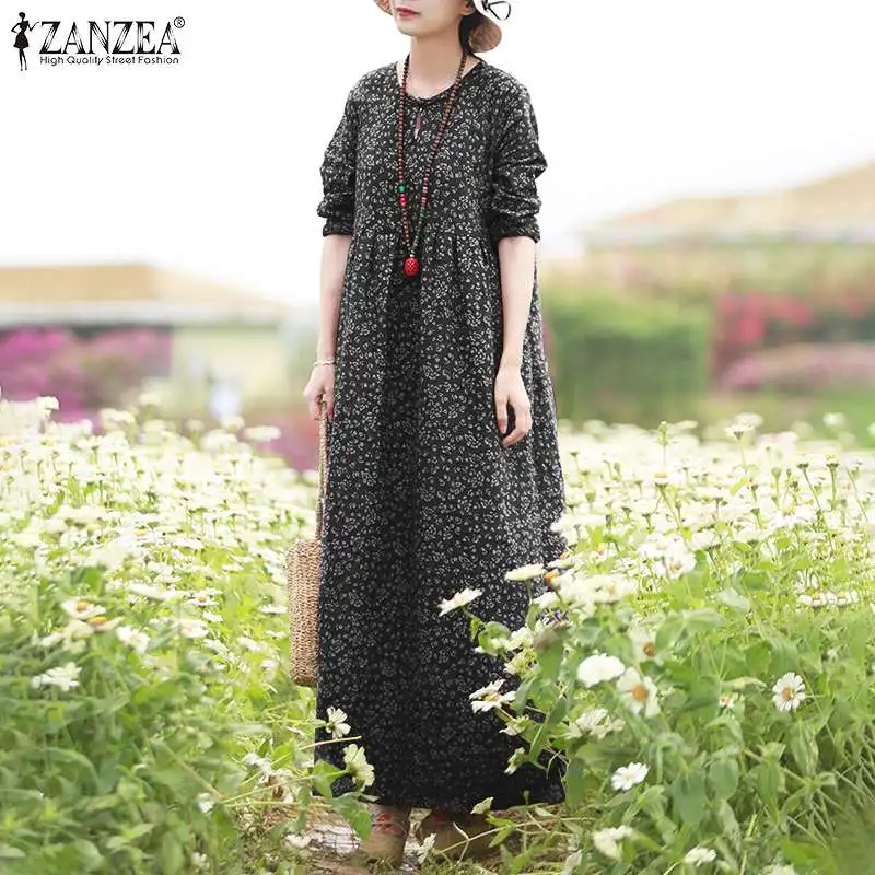 ZANZEA Vintage Autumn Floral Printed Sundress Women Bohemian O Neck Long Sleeve Maxi Dress Spring Party Vestido Baggy