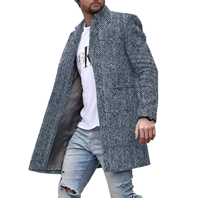 

Woolen Coat Windbreaker Men's Stand Collar Herringbone Casual Coat Fashion Custom Made Men's Slim Fit Long Coat Male Outwear