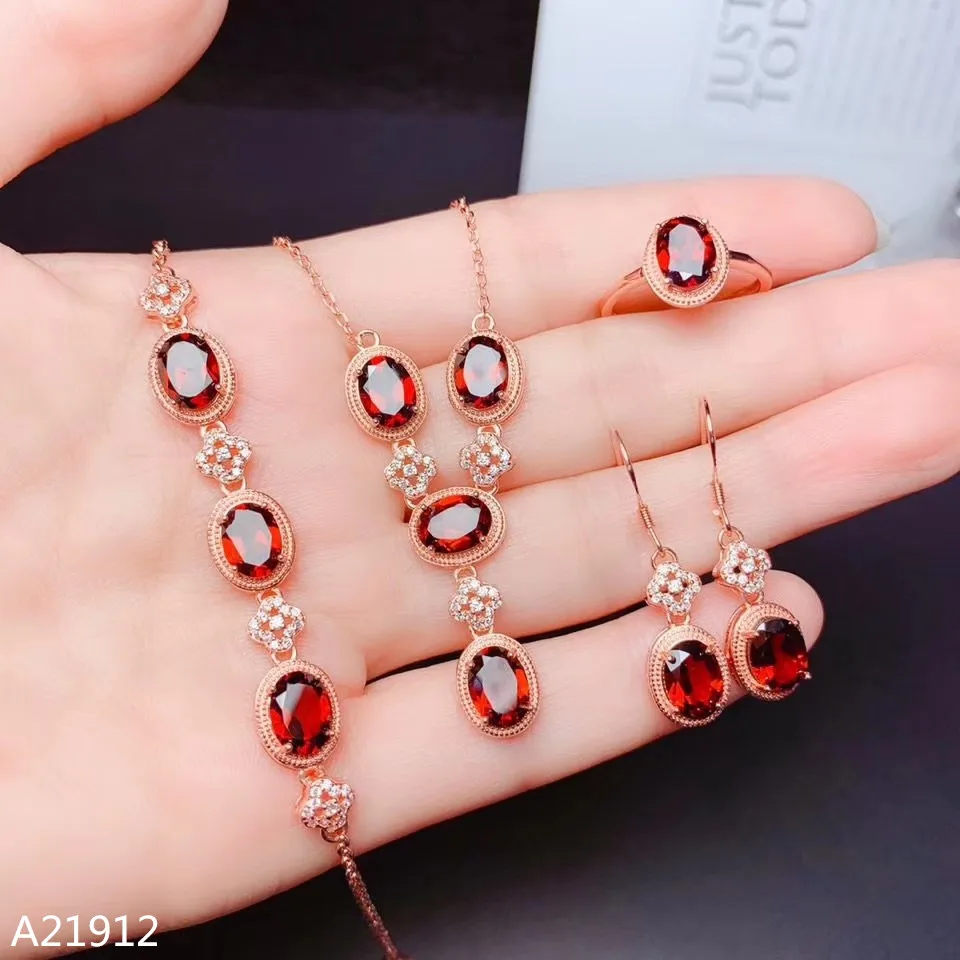 

KJJEAXCMY boutique jewels 925 Sterling Silver Natural Garnet Girl Bracelet Pendant Necklace Earring Ring 4 Piece Set Support Det