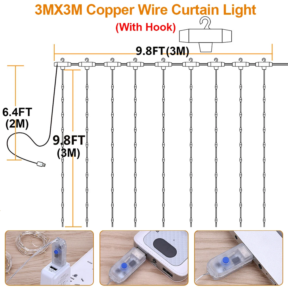 3MX3M 300LED Remote Control LED Curtain String Lights Sound Music Activated USB Curtain String Lights +Hanging Hook Fairy Lights