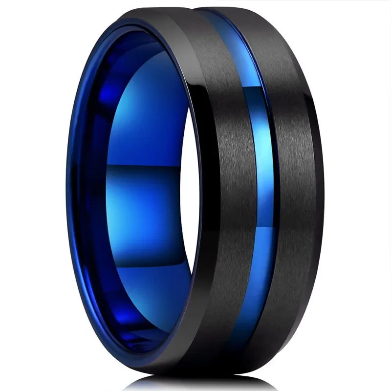 Fashion 8MM Men Red Blue Groove Beveled Edge Black Tungsten Carbide Ring Black Dragon Carbon Fibre Ring Men Wedding Band