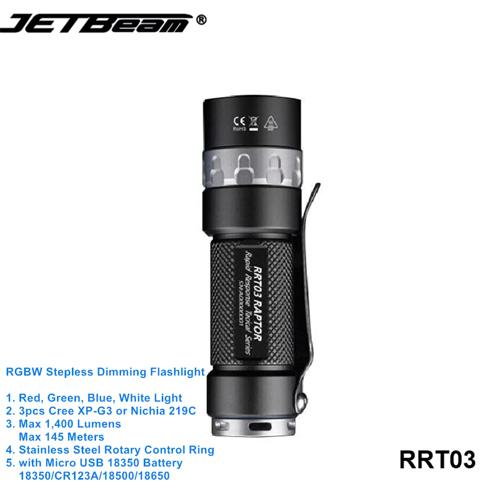 

Jetbeam RRT03 RGBW Cree LED Tactical Stepless Dimming Flashlight Camping Powerful Hand EDC Torch with Rechargeable 18350 Battery