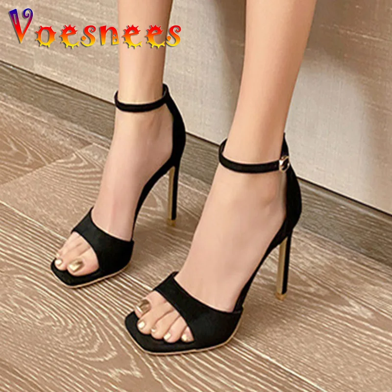 2022 New Summer Thin Heels Sandals Women Sexy Square Head Buckle Strap Shoes 10CM Fetish Fashion Flock Classic Black High Heels