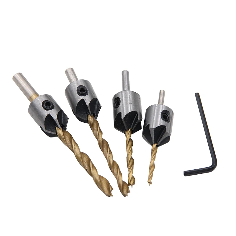 4PC HSS 3-4-5-6mm titanium plated three point woodworking countersunk drilling and wrench