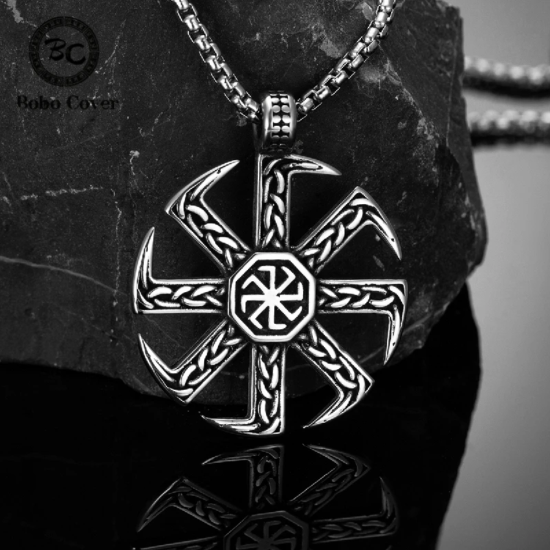 Nordic Slavic Kolovrat Runes Necklace Stainless Steel Viking Vegvisir Amulet Pendant Men Self-defense Scandinavian Jewelry Gifts