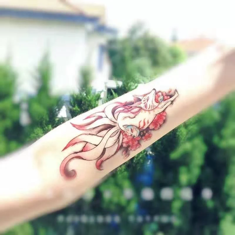 6pc/Lot Fox Tattoo Stickers Waterproof Durable Nine Tailed Fox Male Female Fake Temporary Tattoos Art Flower Arm Tattoo Stickers