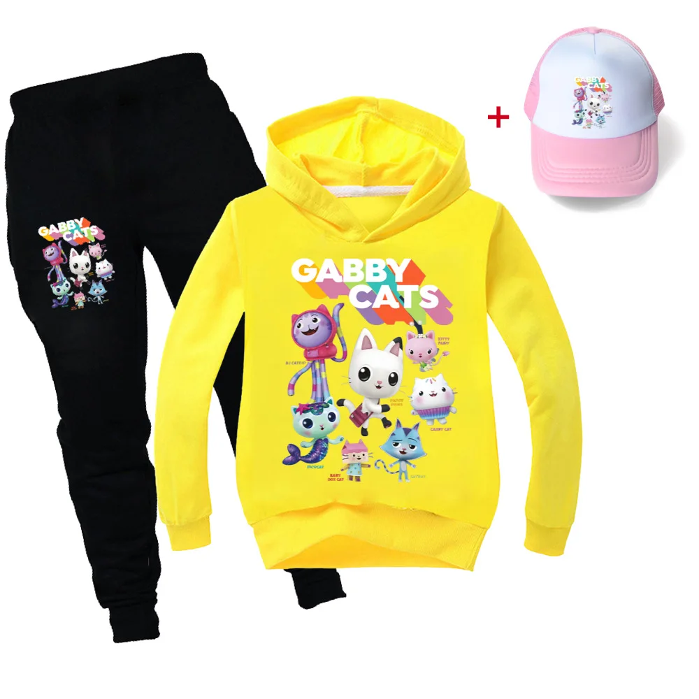 Gabby Cats Kids Clothes Girls Boys Long Sleeve Hoodie Tops Pants Cap Set Baby Children Sport Suits Cartoon Pullover Tracksuits