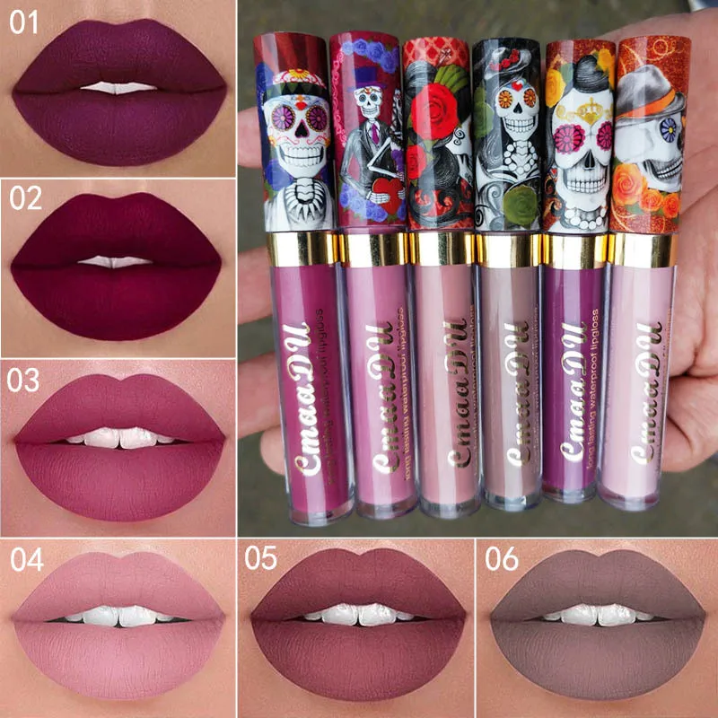 CmaaDu Imagic Skull Style Matte Liquid Lipstick Waterproof Long Lasting Sexy Glitter Style Lip Gloss Makeup Beauty Red Lip Tint