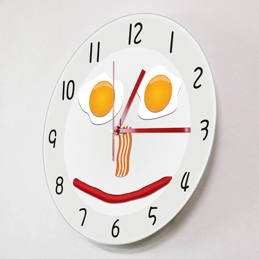 Funny Fried Eggs Kitchen Wall Clock Home Design Scrambled Eggs Sausage Bacon Food Design Hanging Wall Watch For Dinning Room