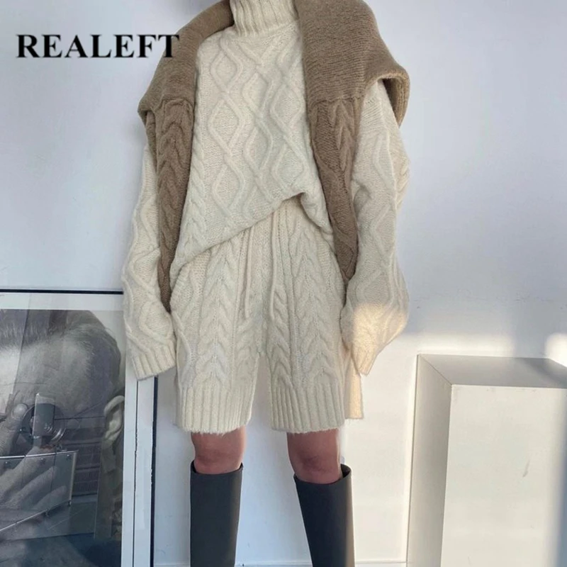 REALEFT Autumn Winter 2 Pieces Chic Women's Sets Knitted Tracksuit 2021 New Turtleneck Sweater and Straight Shors Pullover Suits