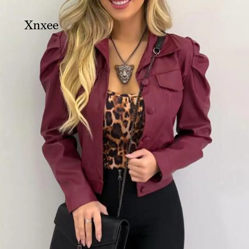 Women's Jacket Autumn Pu Leather Pleated Women's Short Jacket Long-Sleeved Lapel Single-Breasted Women's Jacket Pure Color Casua