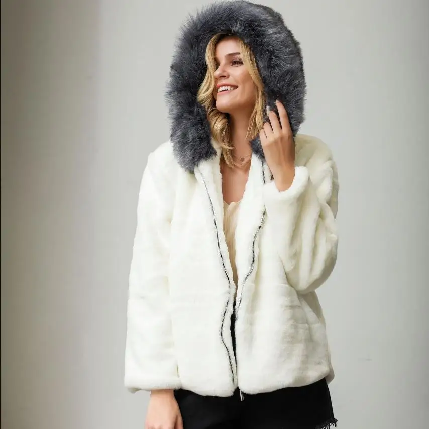 

Fashion white fur coat female faux fox fur hooded coats thicker warm zipper fur coats outerwear fluffy fur jackets F399