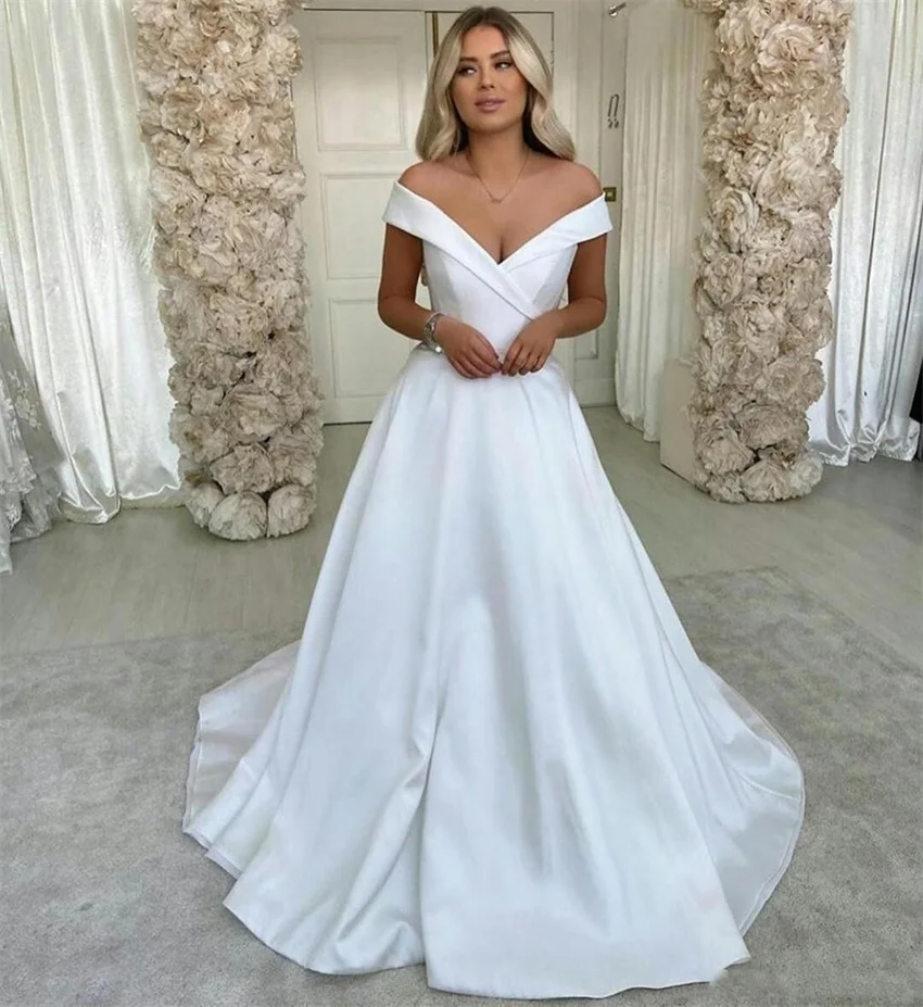 2020 New arrival Satin Wedding Dresses V Neck Off Shoulder Button Back A Line Bridal Gowns Vestido De Noiva Bride Dresses