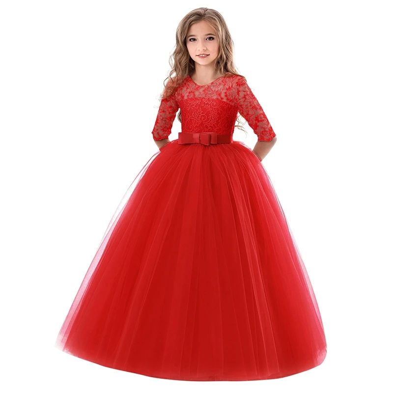 Girls Flower Vintage Floral Lace 3/4 Sleeves Floor Length Dress Wedding Party Evening Formal Dance Gown