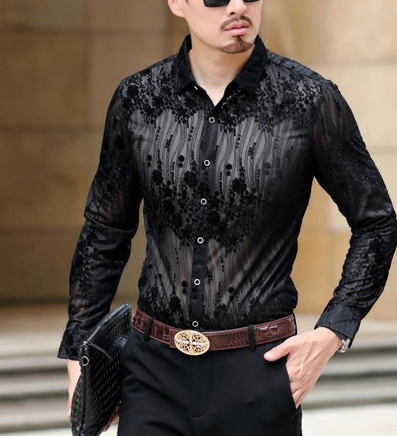 Transparent Men Shirt Sexy Lace Silk Shirt For Male See Through Mesh Business Casual Shirt Club Party Prom Chemise Homme 3XL