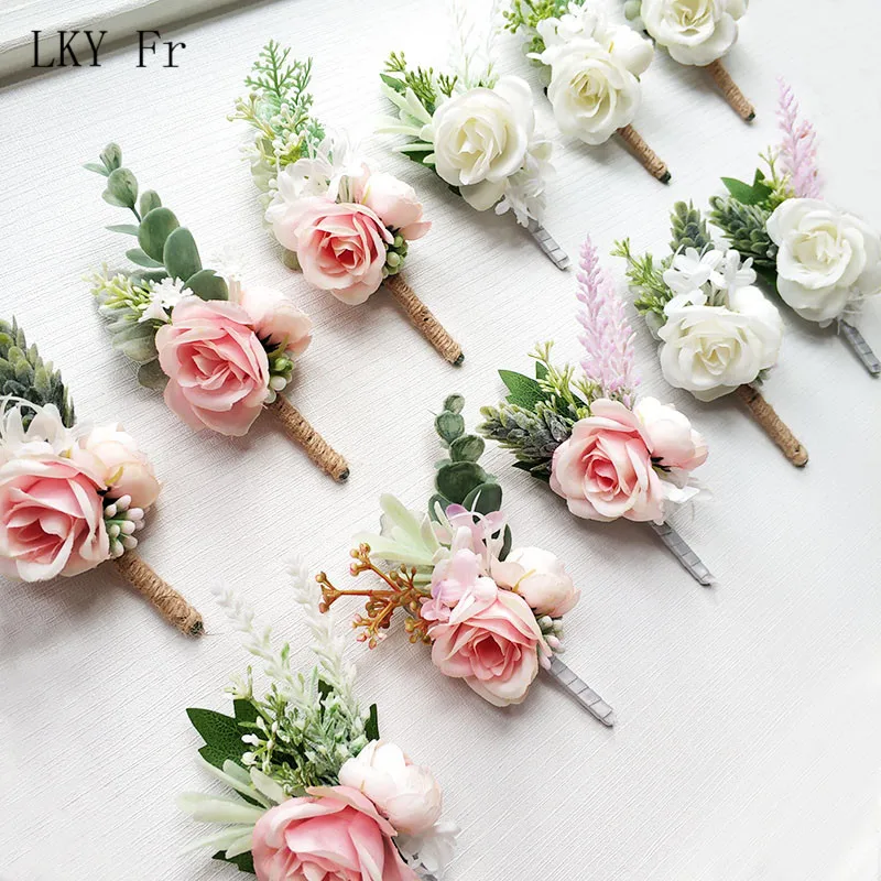 LKY Fr Boutonniere Flowers Wedding Corsage Pins White Pink Groom Boutonniere Buttonhole Men Wedding Witness Marriage Accessories