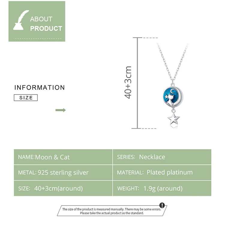 WOSTU 925 Sterling Silver Moon & Cat Star Necklace Blue Enamel Long Chain Link Necklace For Women Fashion Jewelry CQN422