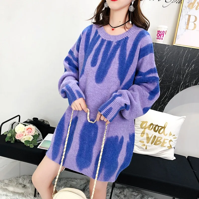 2021 Winter Women\'s Clothing Striped Print Sweater Oversized Pullovers Longsleeve For Woman O-Neck Loose Warm Streetwear