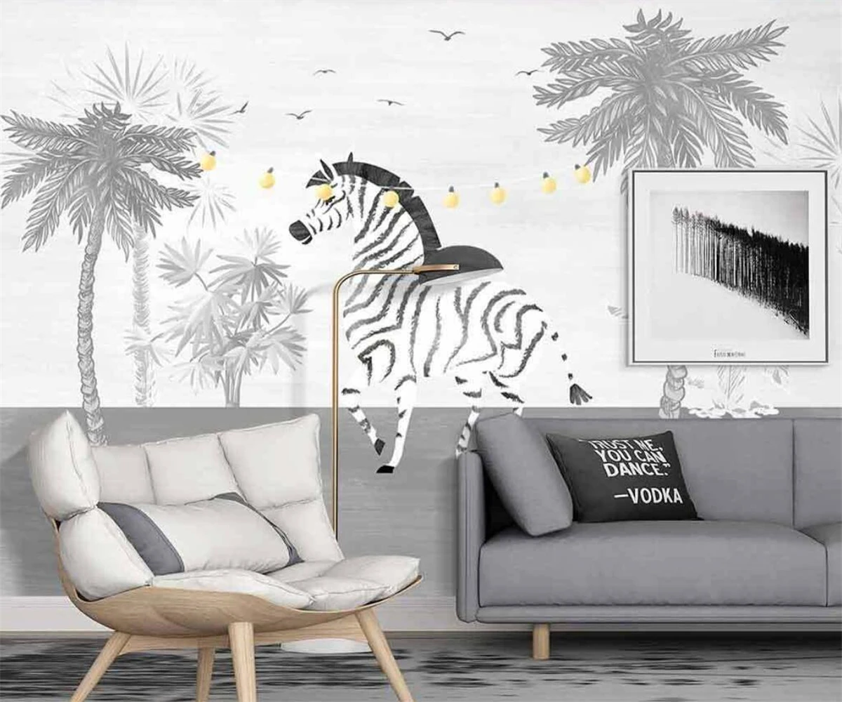 Custom wallpaper hand-painted cartoon forest zebra mural children's room black and white background wall mural 3d wallpaper