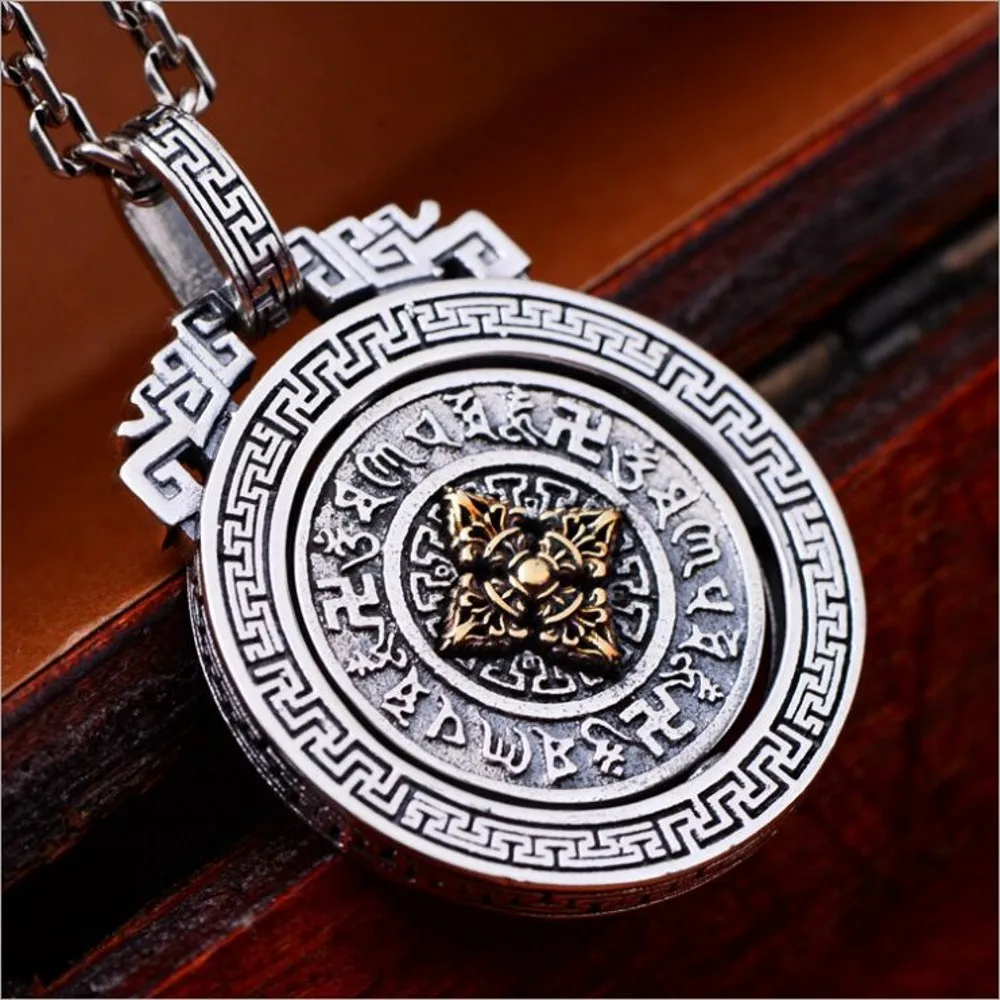 BOCAI New s925 Pure Silver Jewelry Accessories Vajra Rotating Good Luck Men and Women Pendants Six Word Mantra Birthday Gift