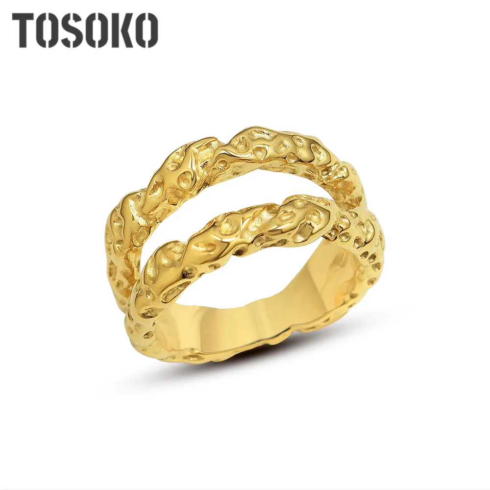 

TOSOKO Stainless Steel Jewelry Pleated Texture Double Layer Ring 18 K Golden Women's Fashion Ring BSA225