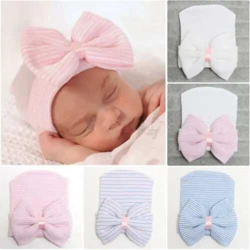 Newborn Baby Girls Striped Headband Headwear Toddler Soft Beanie Hat with Bow