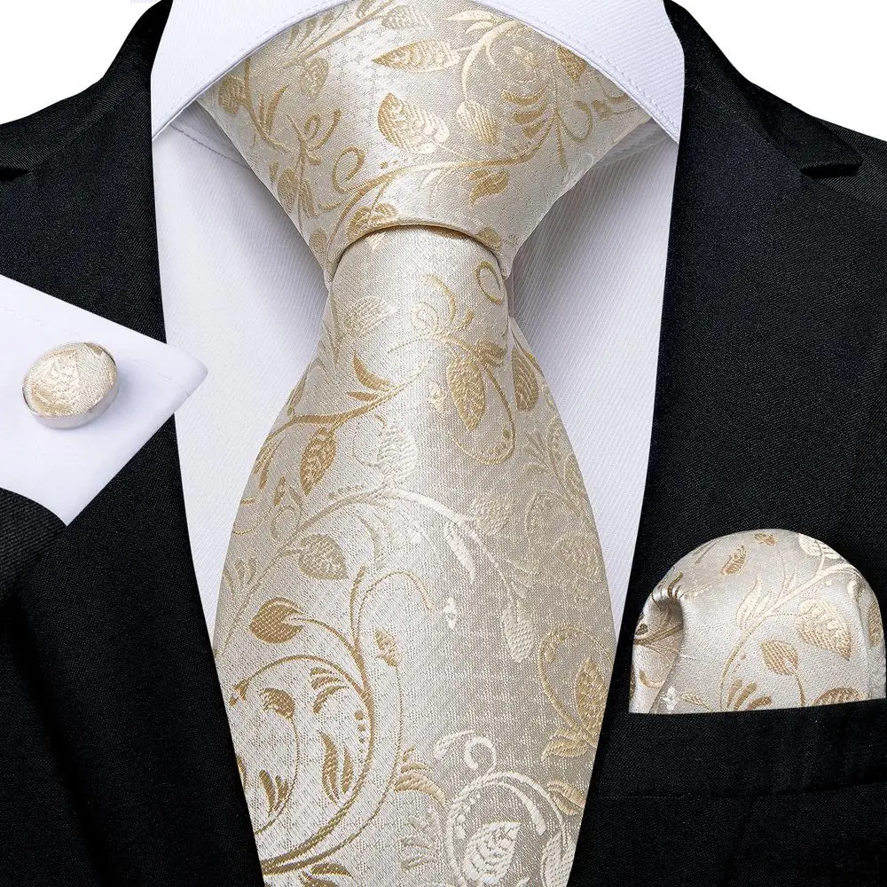 

Hi-Tie Champagne Beige Floral Designer Silk Wedding Nicktie For Men Hanky Cufflink Gift Mens Tie Set Business Party Dropshipping