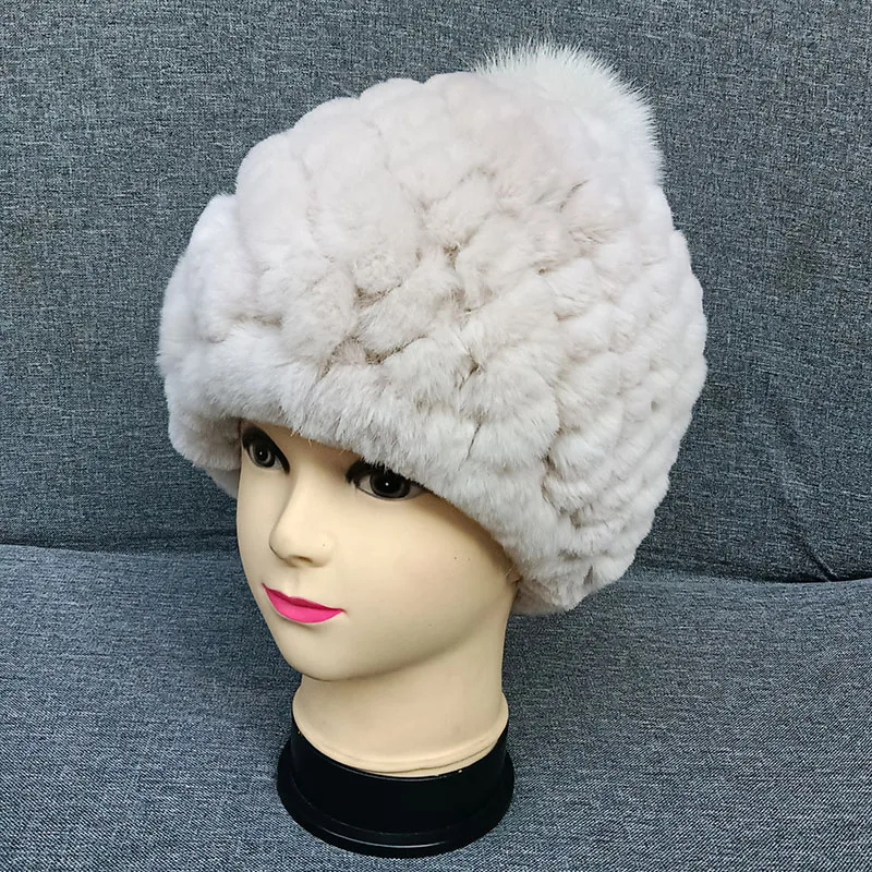 

Warm Real Rex Rabbit Fur Hat With Pompom Winter Russia Natural Fur Beanie Cap With Fox Fur Ball Female Snow Elegant Ladies Hats