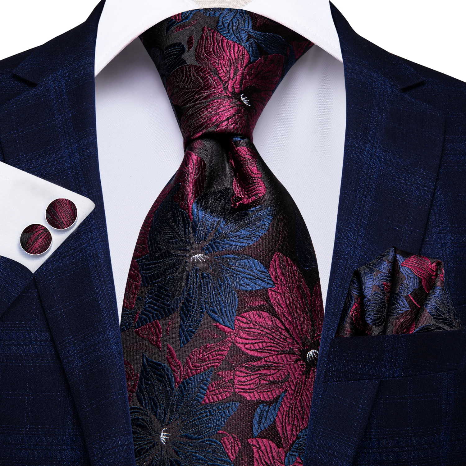 SN-3125 Hi-Tie 8.5cm Silk Men Tie Floral Red Blue Neckties for Men Classic Party Wedding Pocket Square Cufflinks Luxury Tie Set